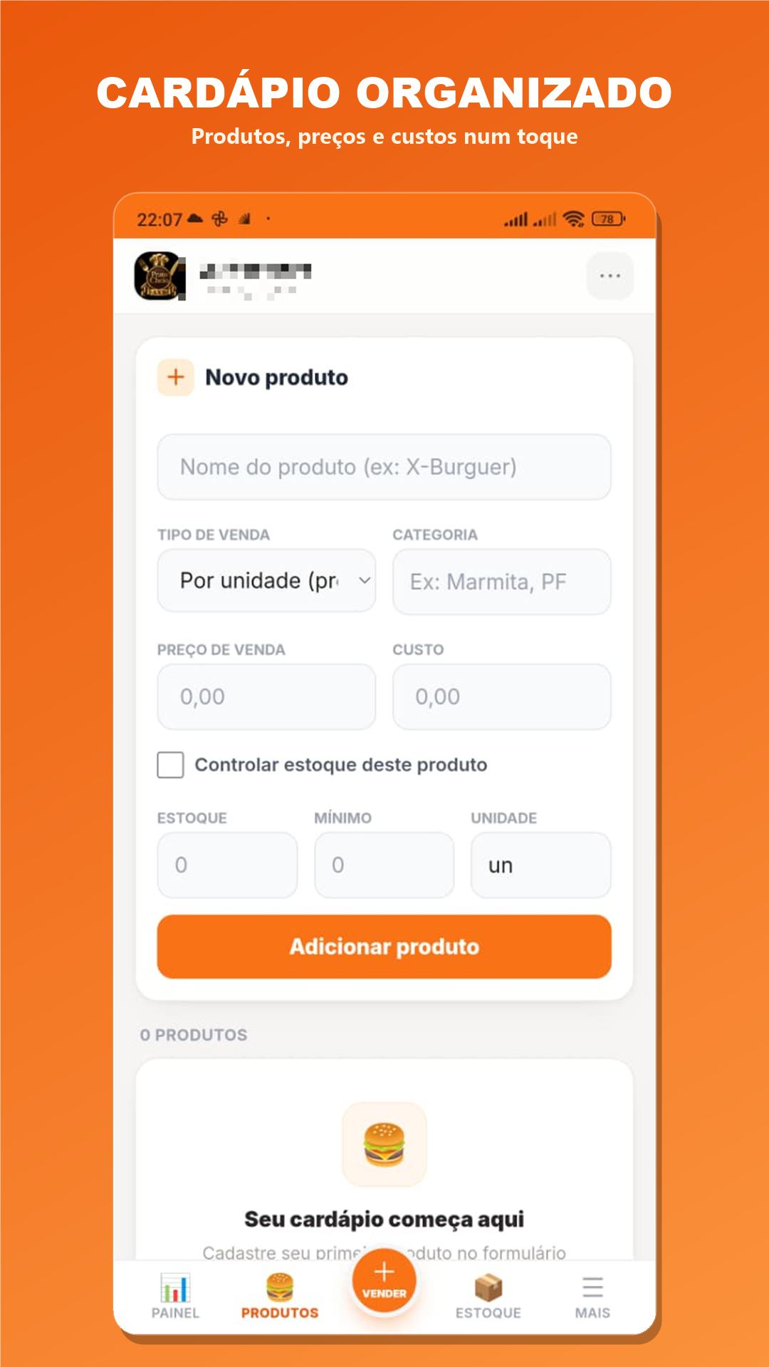 Cardápio organizado: produtos, preços e custos