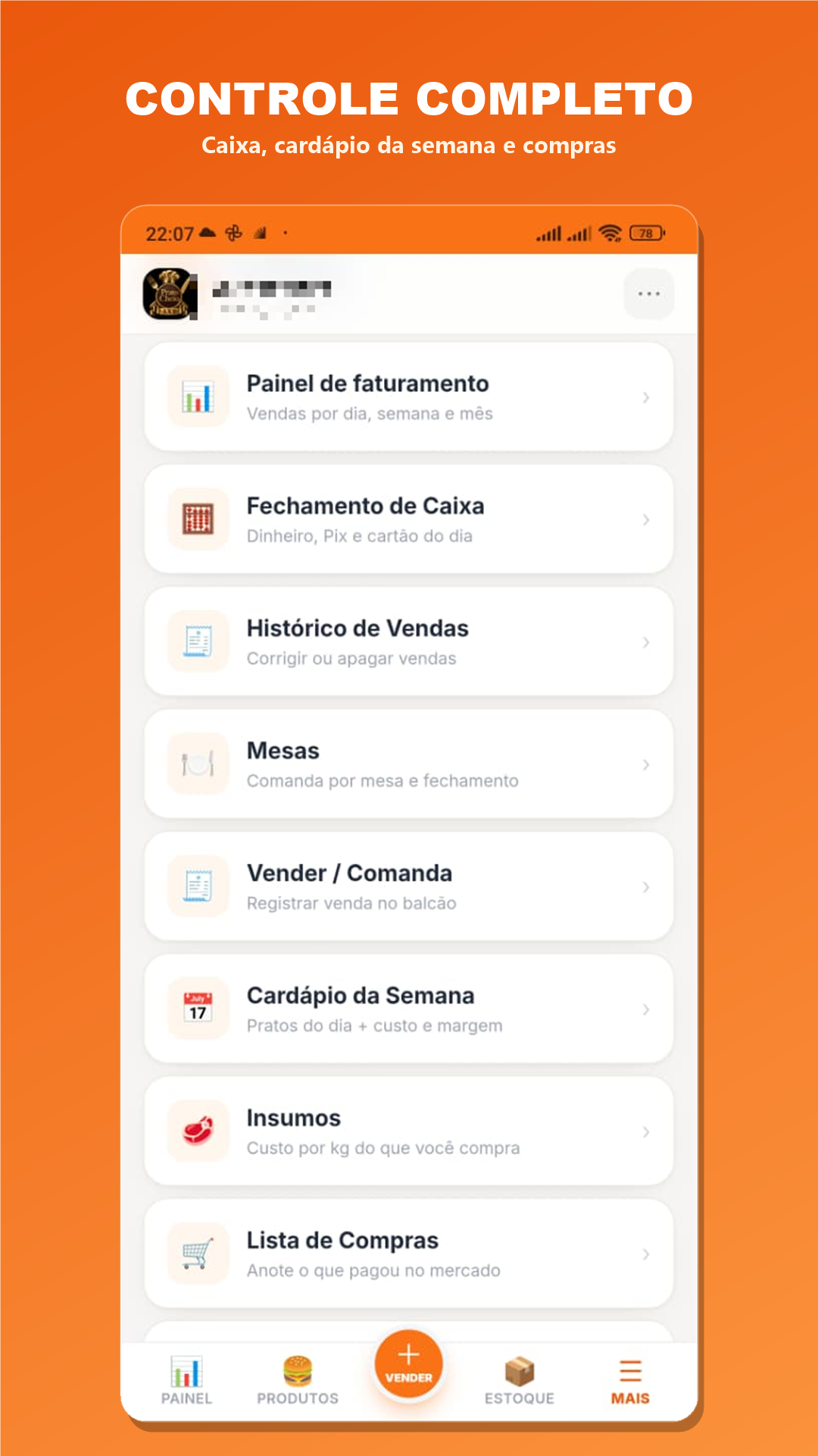 Controle completo: caixa, mesas e histórico